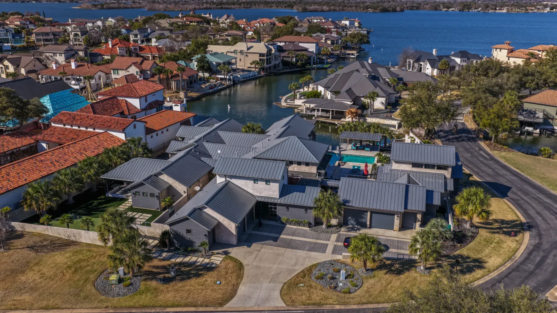 Aerial view of full estate and waterfront canals